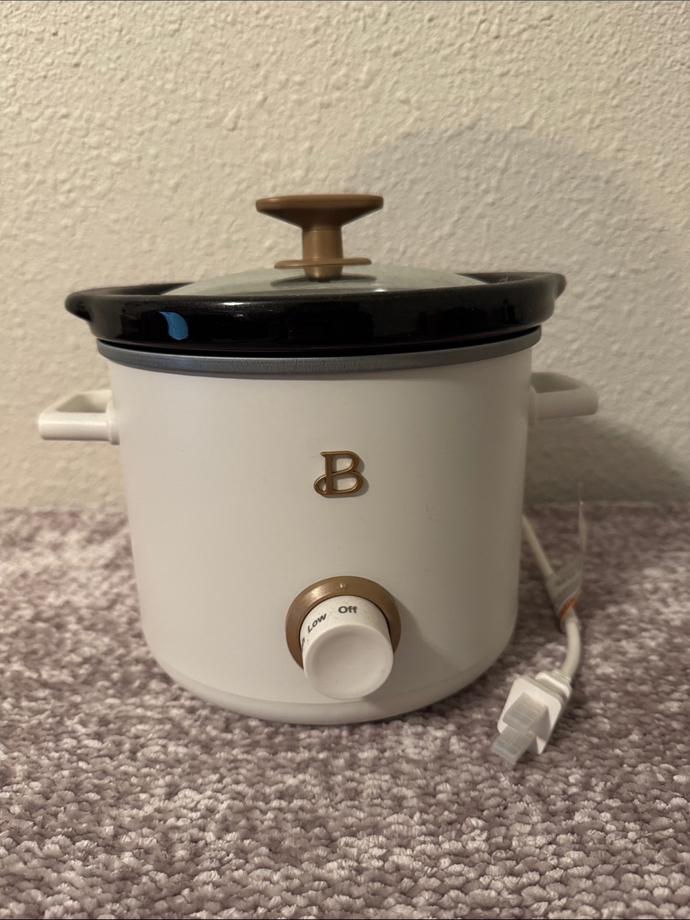 Small White Electric Slow Cooker with Gold Accents